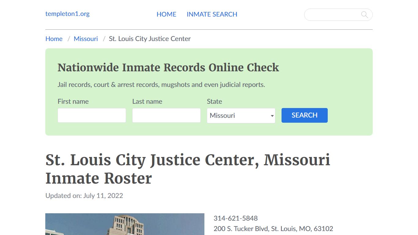 St. Louis City Justice Center, Missouri Inmate Booking