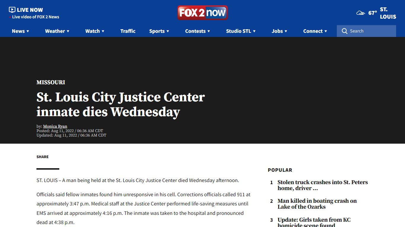 St. Louis City Justice Center inmate dies Wednesday | FOX 2